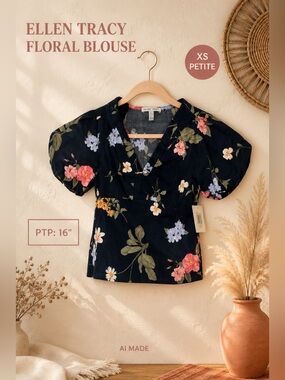 Ellen Tracy Floral Puff-Sleeve Blouse Size XS Petite NWT